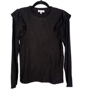 Another Love Small S Black Elvina Ruffle Long Sleeve Top Crew Neck Ribbed Fitted